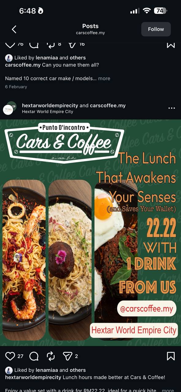 Cars & Coffee food promotion showing three signature dishes and the RM22.22 lunch deal
