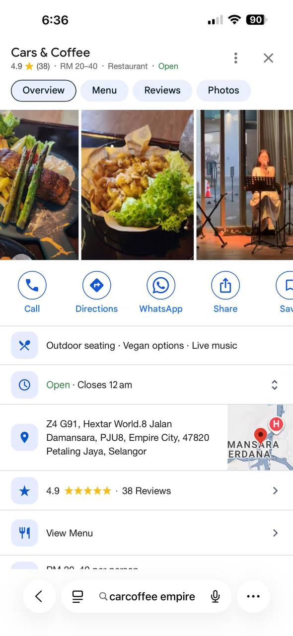 Cars & Coffee Google Maps listing with food and interior photos